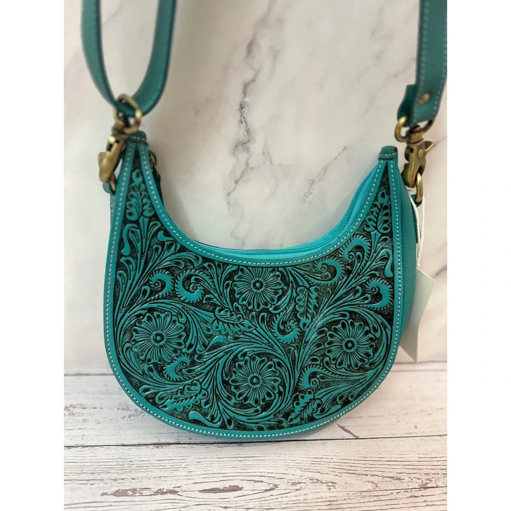 American Bison Turquoise Leather Hand Tooled Floral Western Crossbody Bag NEW